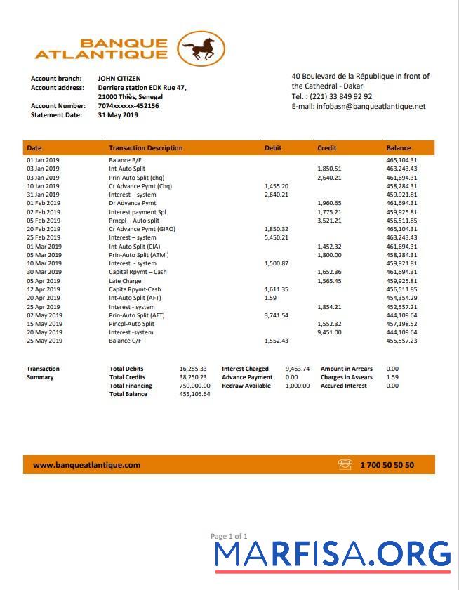 Realistic Senegal Banque Atlantique bank statement word example